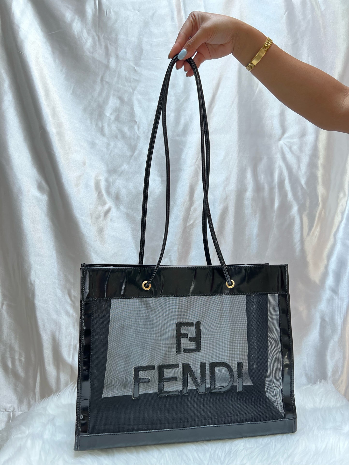 Fendi FF Shopping tote in Black Mesh and Patent Leather