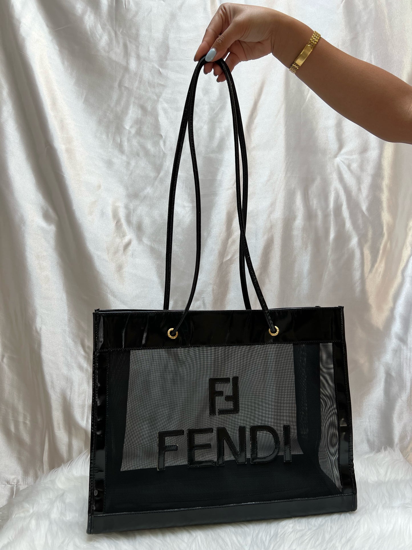 Fendi FF Shopping tote in Black Mesh and Patent Leather