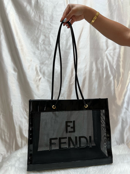 Fendi FF Shopping tote in Black Mesh and Patent Leather