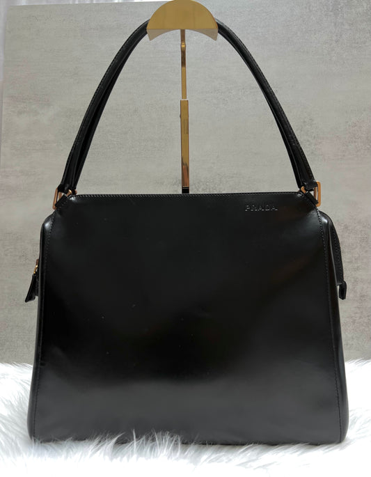 Prada Vintage Vitello Chic Black Leather Shoulder Bag