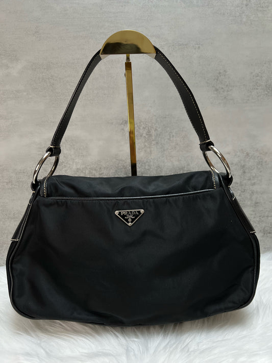 Prada Black Nylon Hobo Leather Shoulder Bag