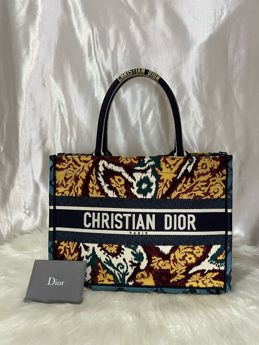 Christian Dior Canvas Embroidered Paisley Medium Book Tote Blue Multicolor