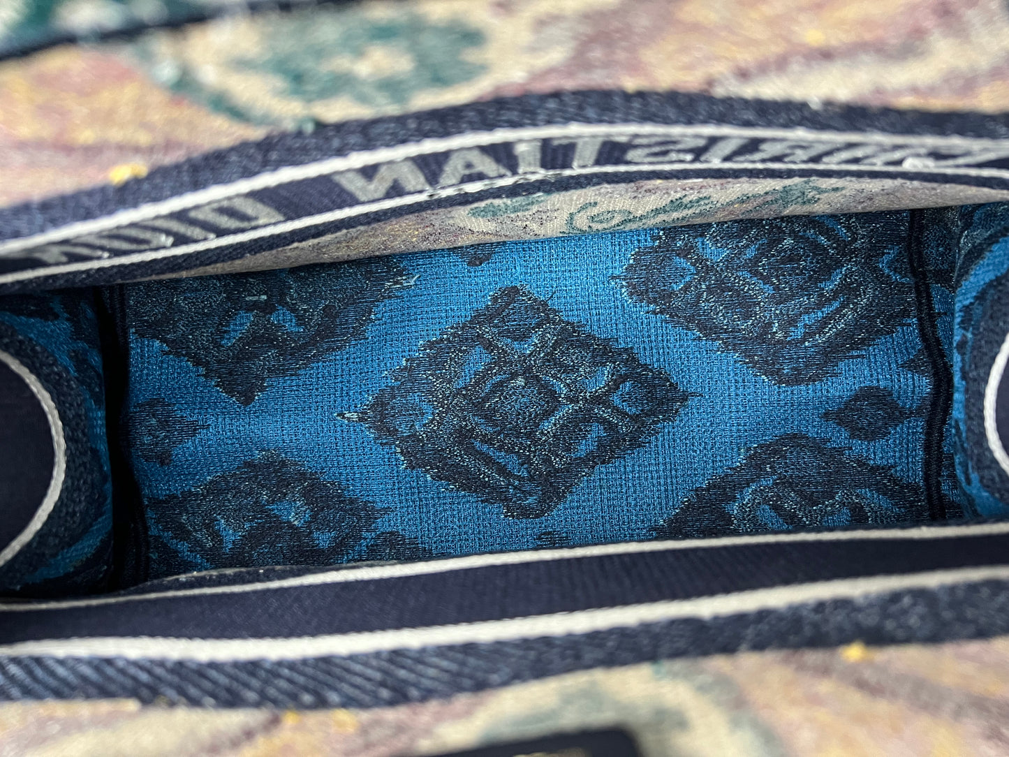 Christian Dior Canvas Embroidered Paisley Medium Book Tote Blue Multicolor